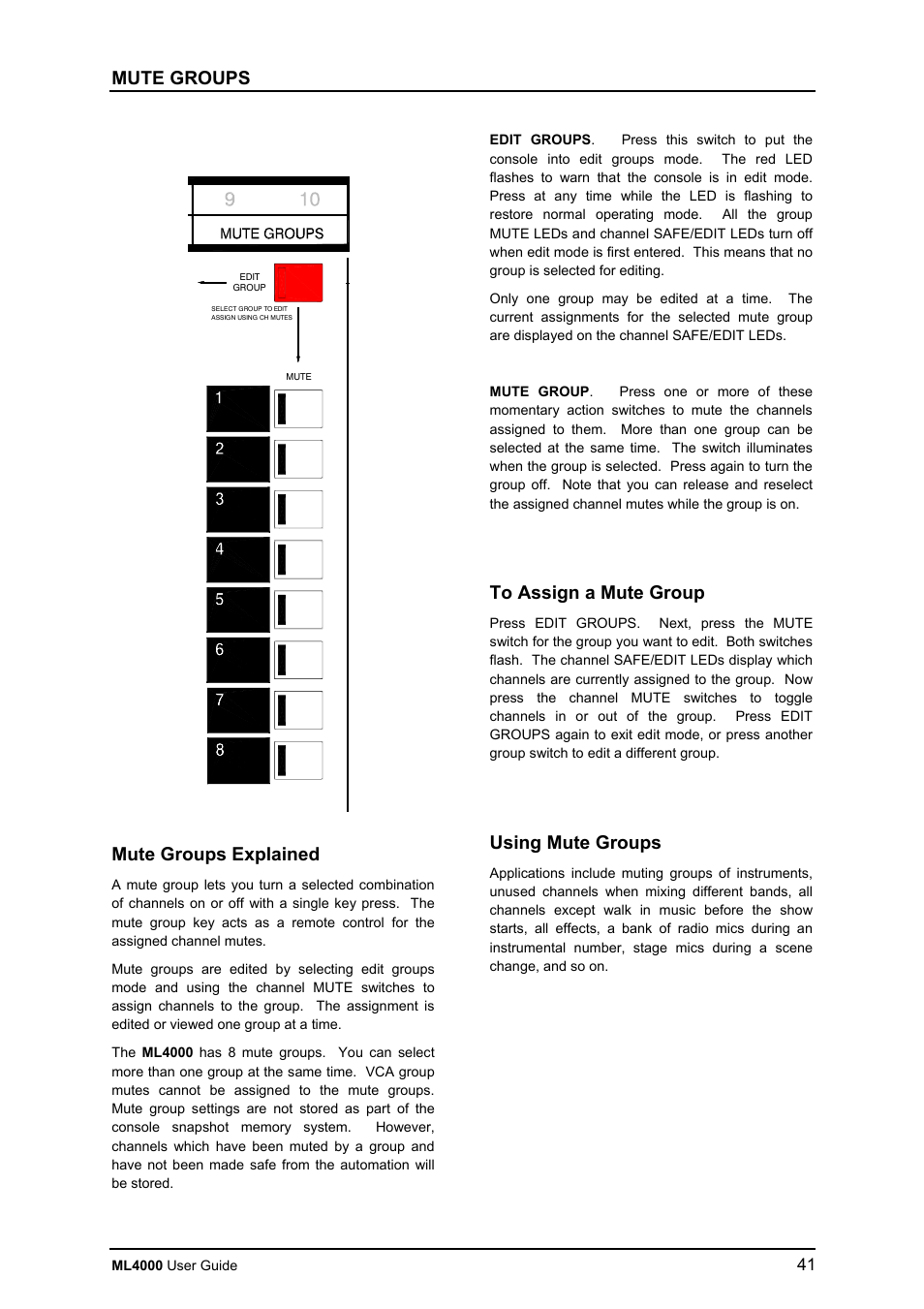 Mute groups, Mute groups explained, Using mute groups | Allen&Heath ML4000 USER GUIDE User Manual | Page 41 / 56