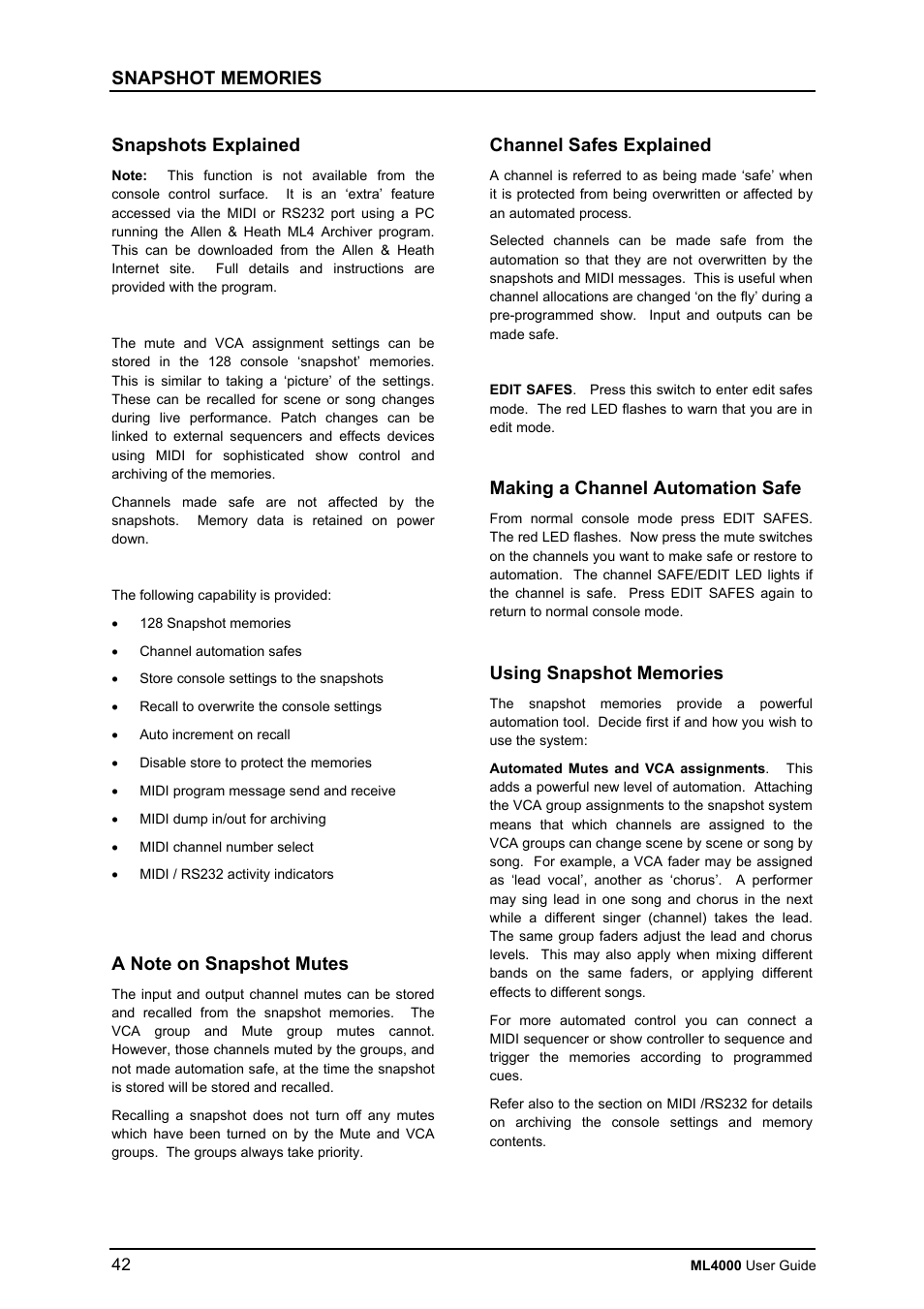 Snapshots explained, Channel safes explained, Making a channel automation safe | Allen&Heath ML4000 USER GUIDE User Manual | Page 42 / 56
