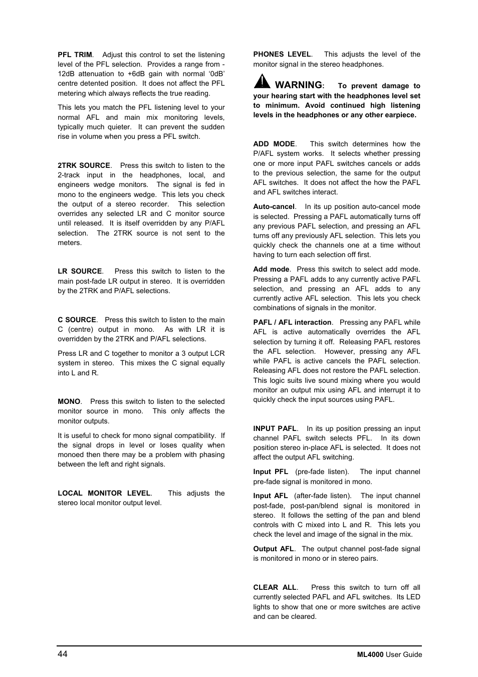 Warning | Allen&Heath ML4000 USER GUIDE User Manual | Page 44 / 56