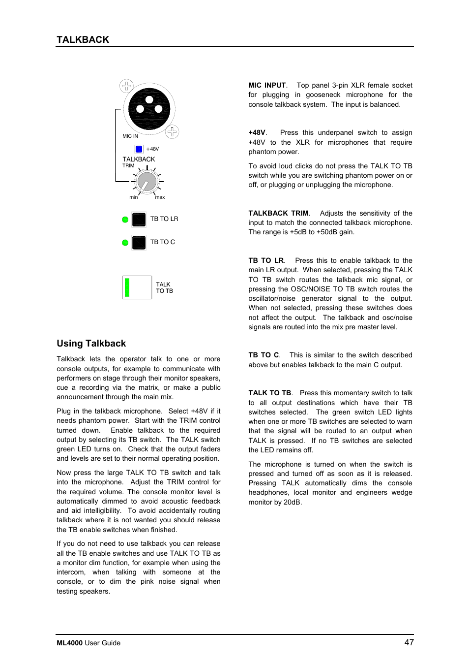 Talkback, Using talkback | Allen&Heath ML4000 USER GUIDE User Manual | Page 47 / 56