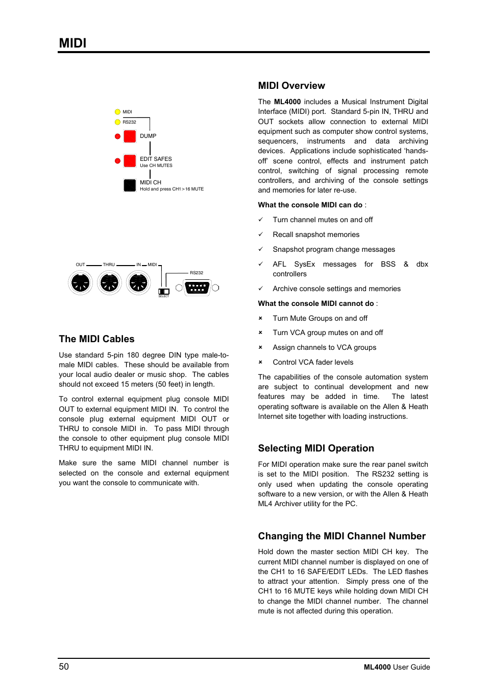 Midi, The midi cables, Midi overview | Selecting midi operation, Changing the midi channel number | Allen&Heath ML4000 USER GUIDE User Manual | Page 50 / 56