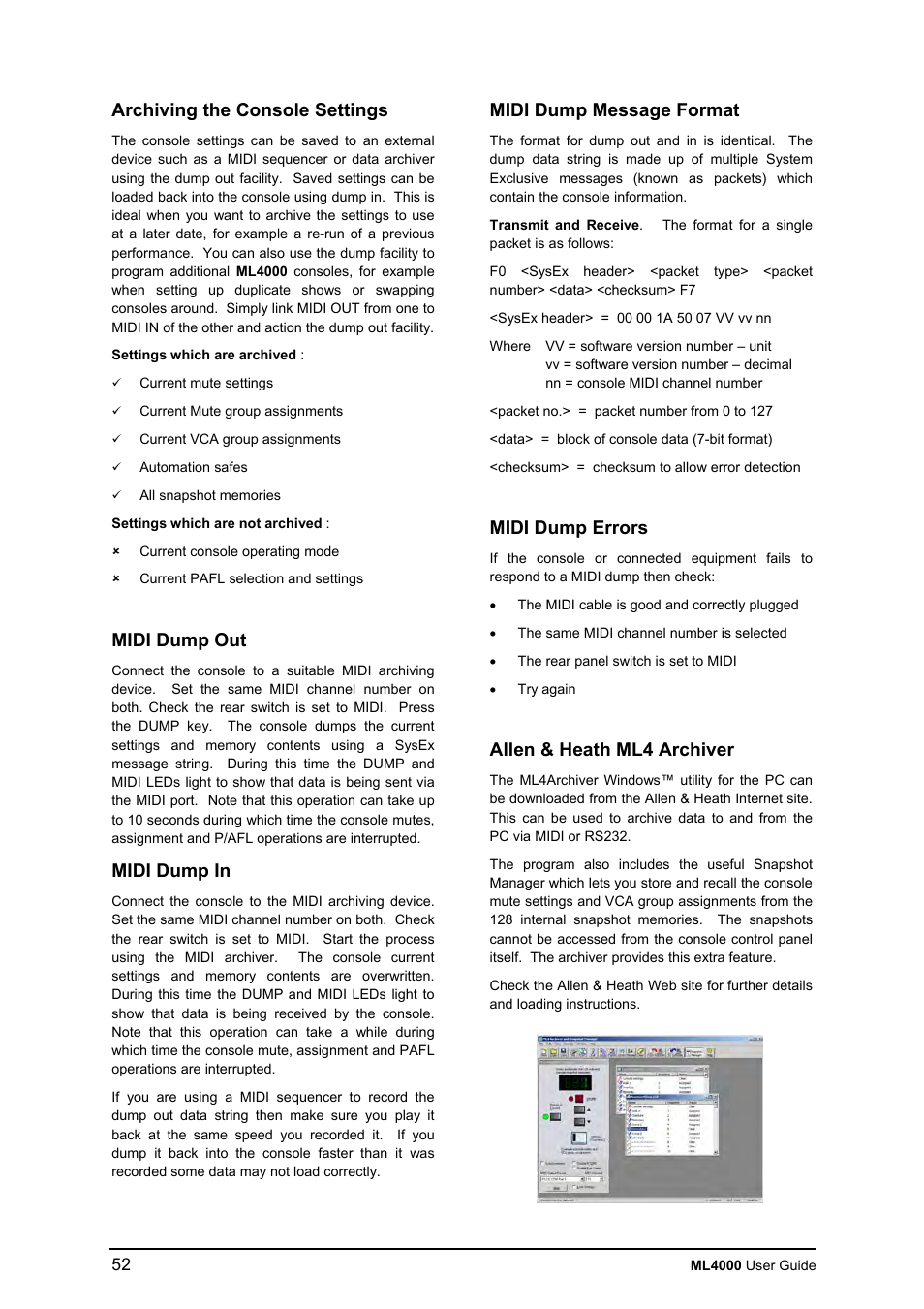 Archiving the console settings, Midi dump out, Midi dump in | Midi dump message format, Midi dump errors, Allen & heath ml4 archiver | Allen&Heath ML4000 USER GUIDE User Manual | Page 52 / 56