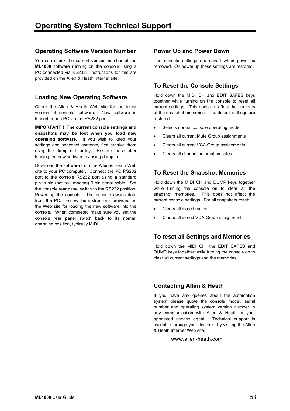 Operating system technical support, Operating software version number, Loading new operating software | Power up and power down, Contacting allen & heath | Allen&Heath ML4000 USER GUIDE User Manual | Page 53 / 56