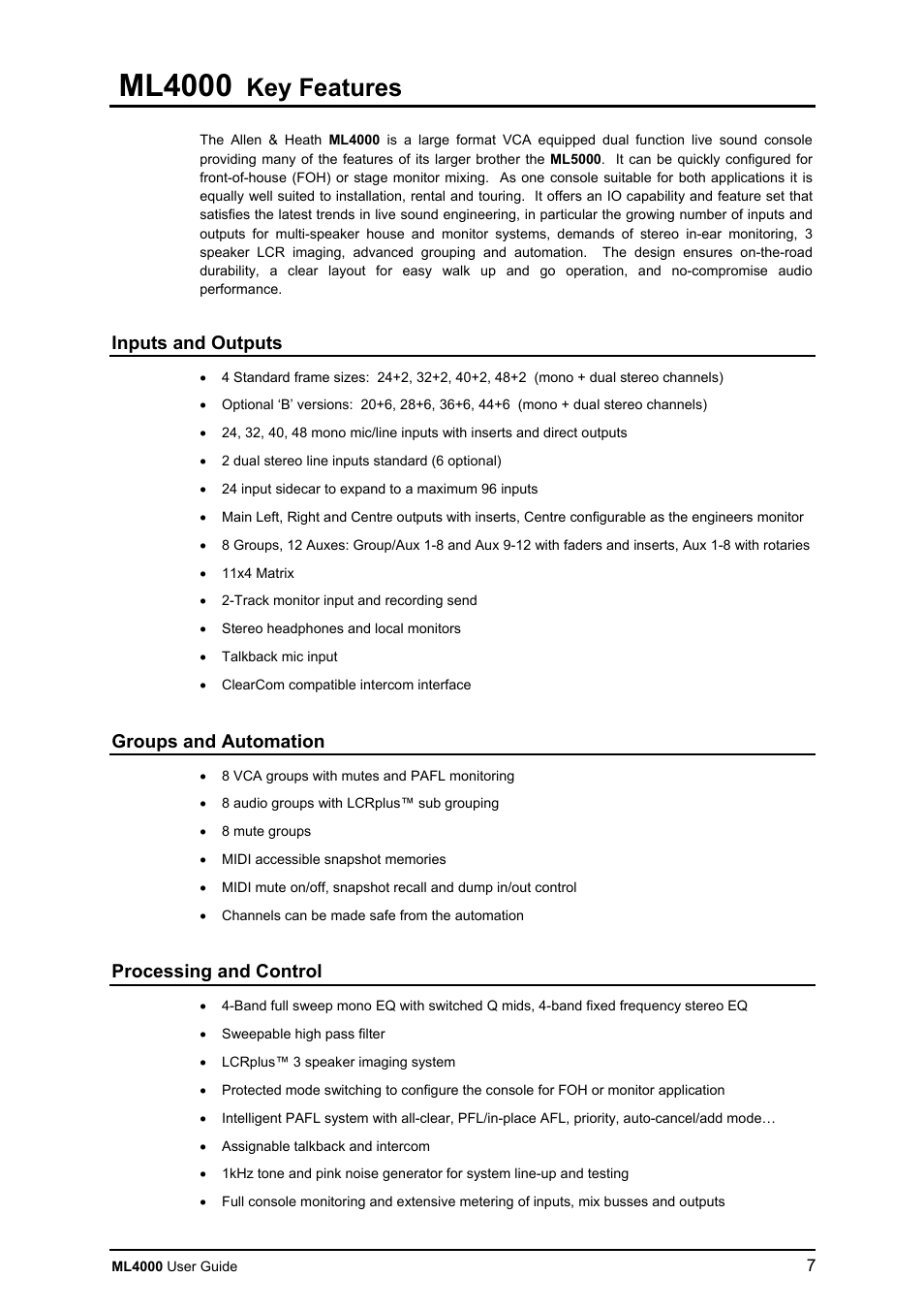 Ml4000, Key features, Inputs and outputs | Groups and automation, Processing and control | Allen&Heath ML4000 USER GUIDE User Manual | Page 7 / 56