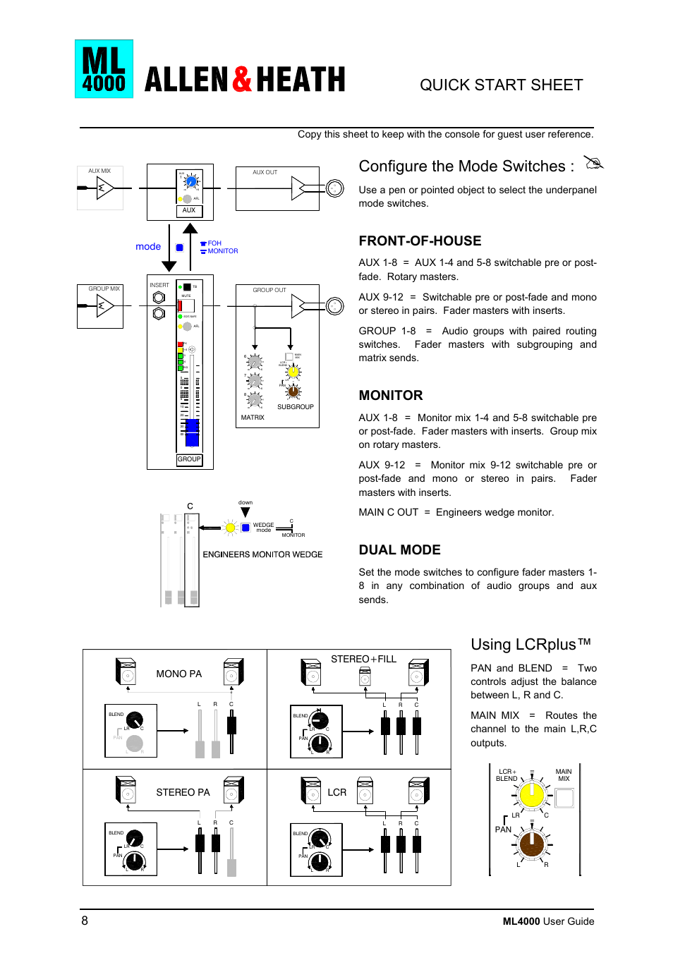 Quick start sheet configure the mode switches, Using lcrplus, Front-of-house | Monitor, Dual mode, Ml4000 user guide, Mono pa, Stereo+fill stereo pa lcr, Mode | Allen&Heath ML4000 USER GUIDE User Manual | Page 8 / 56