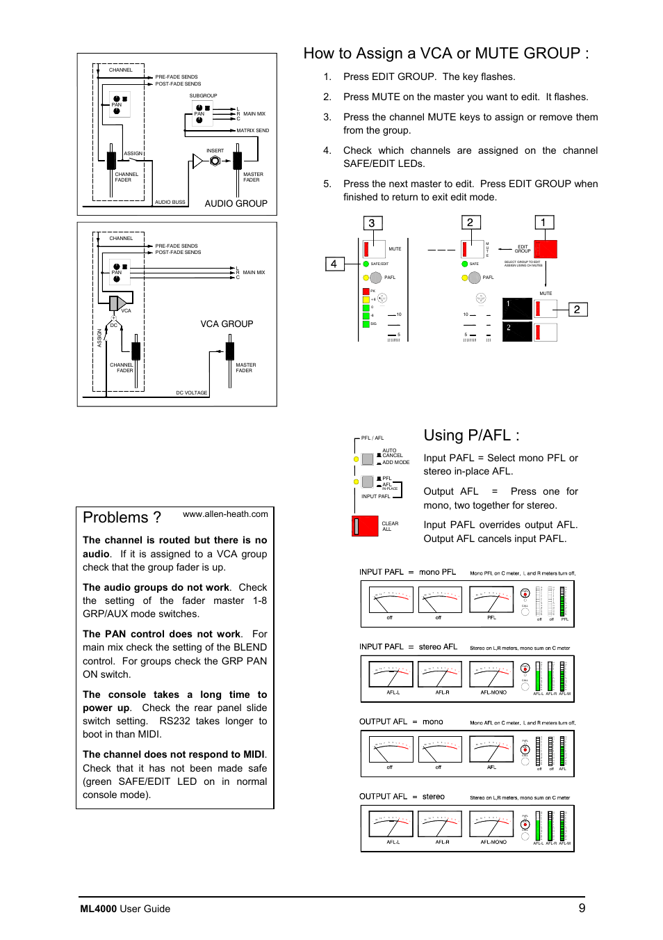 How to assign a vca or mute group, Using p/afl, Problems | Ml4000 user guide, Audio group, Vca group | Allen&Heath ML4000 USER GUIDE User Manual | Page 9 / 56