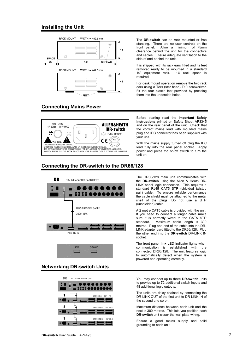 Installing the unit, Connecting mains power, Networking dr-switch units | Allen&Heath DR Switch User Manual | Page 2 / 4