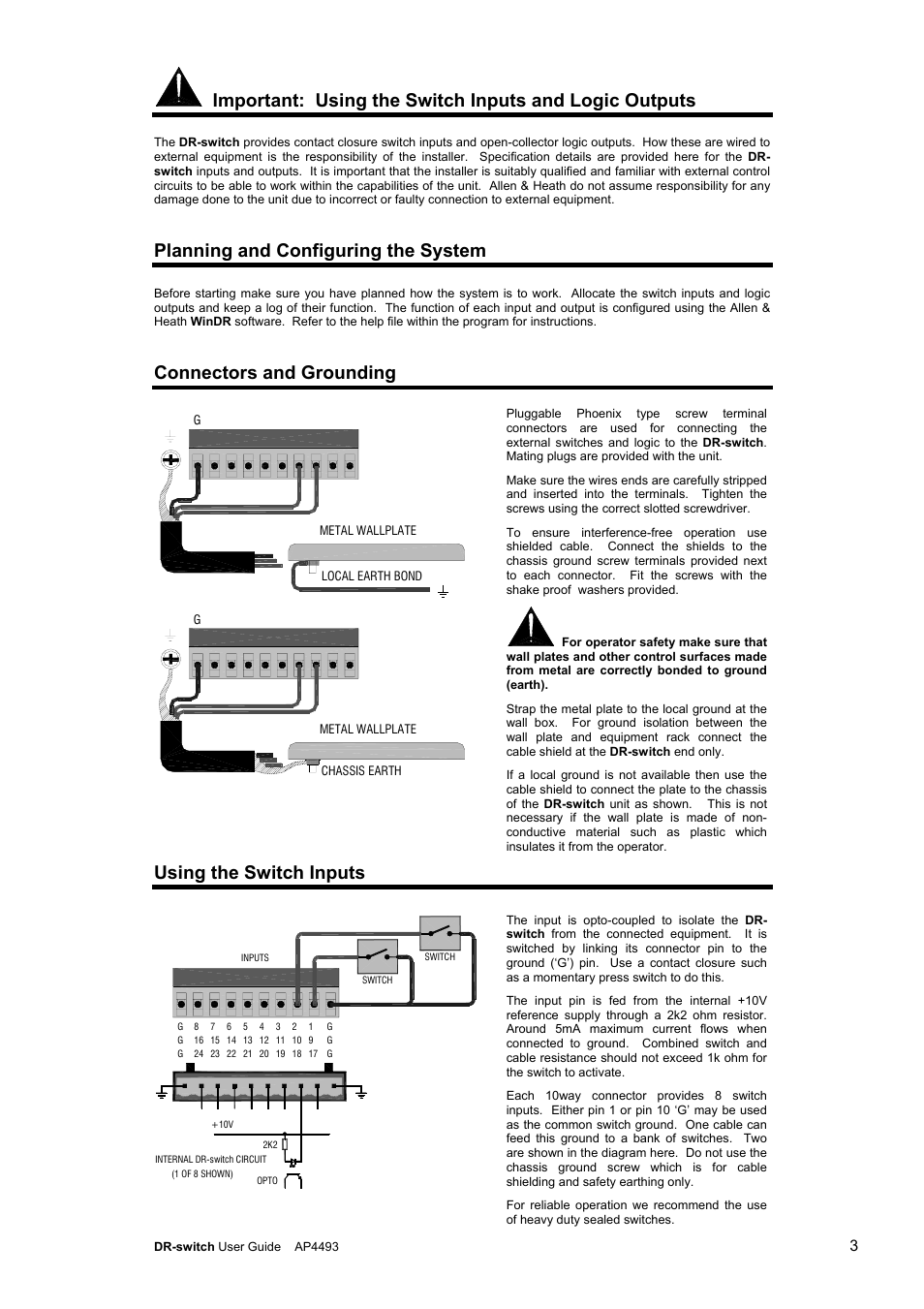 Planning and configuring the system, Connectors and grounding, Using the switch inputs | Allen&Heath DR Switch User Manual | Page 3 / 4