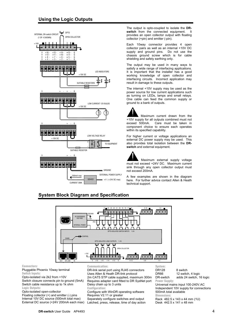 Using the logic outputs, System block diagram and specification | Allen&Heath DR Switch User Manual | Page 4 / 4