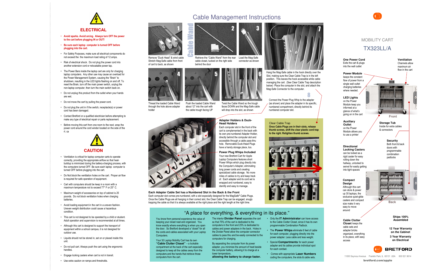 Cable management instructions, Tx323ll/a, A place for everything, & everything in its place | Mobility cart, Electrical, Caution | Bretford TX323LL/A User Manual | Page 2 / 2