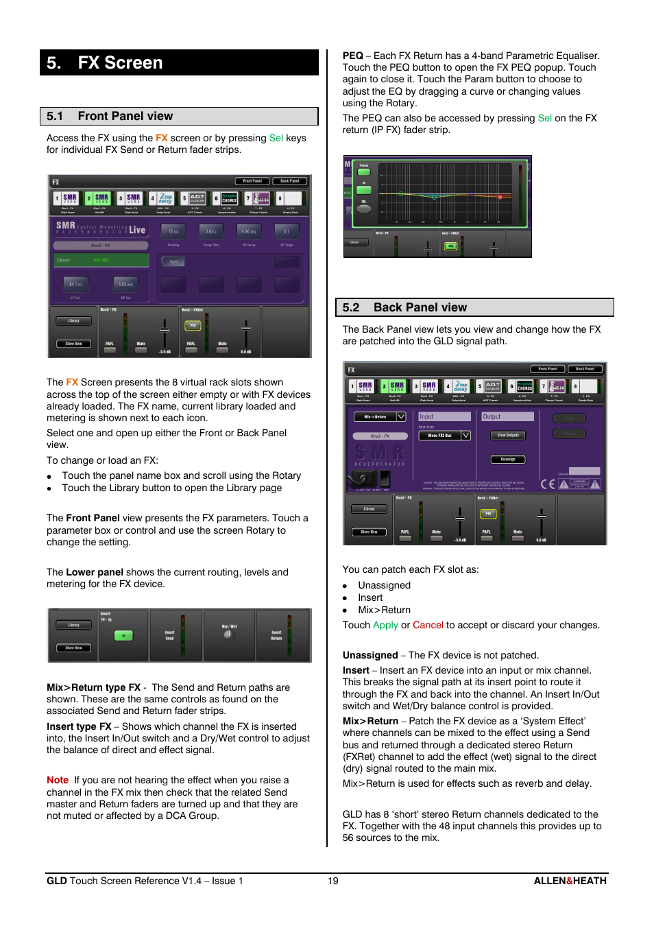 Fx screen, Front panel view, Back panel view | Allen&Heath GLD-112 Reference Guide User Manual | Page 19 / 55