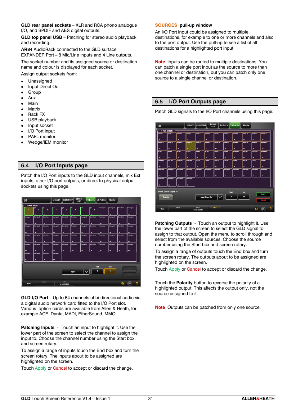 I/o port | Allen&Heath GLD-112 Reference Guide User Manual | Page 31 / 55