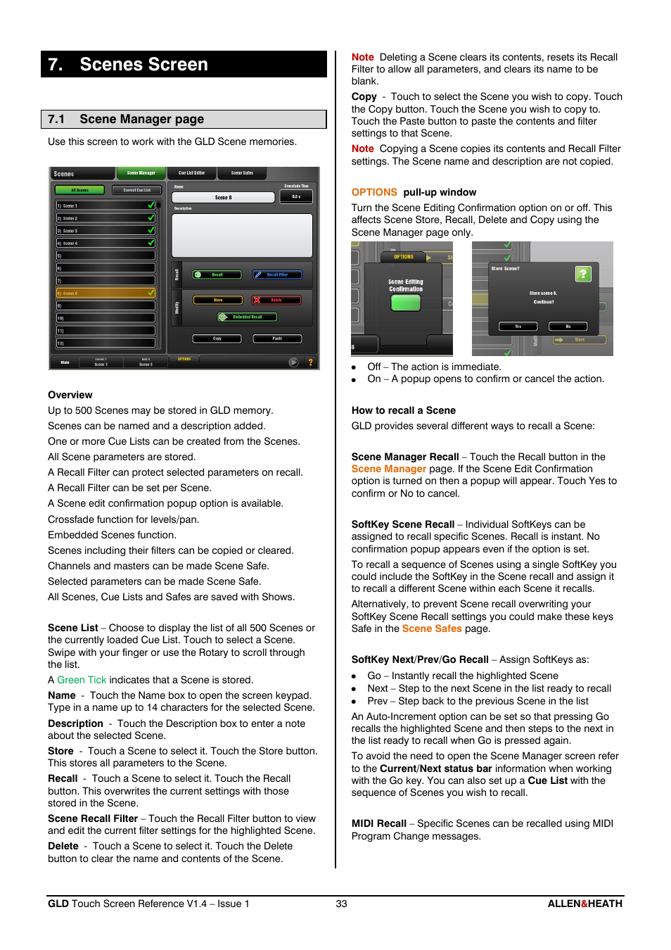 Scenes, Scenes screen | Allen&Heath GLD-112 Reference Guide User Manual | Page 33 / 55