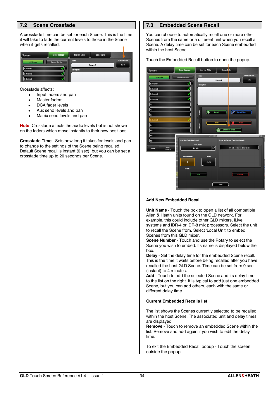 Crossfade, Embedded recall, Scene crossfade | Embedded scene recall | Allen&Heath GLD-112 Reference Guide User Manual | Page 34 / 55