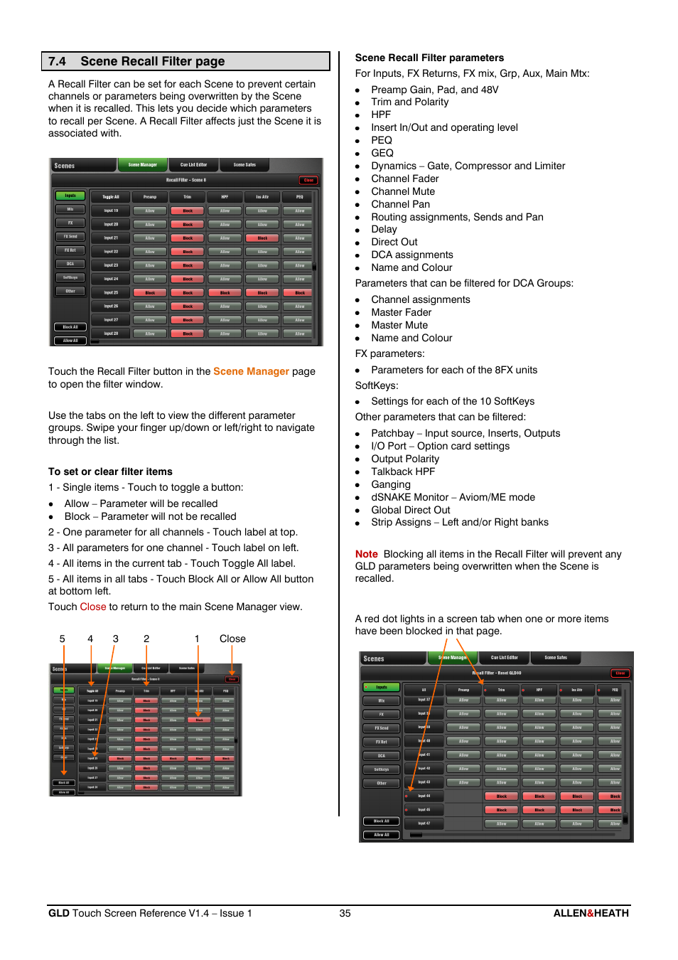 Recall filters | Allen&Heath GLD-112 Reference Guide User Manual | Page 35 / 55