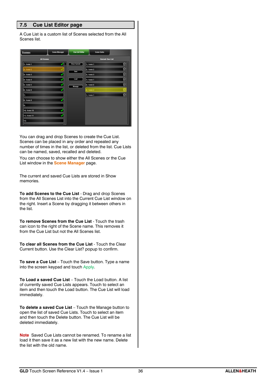 Cue list | Allen&Heath GLD-112 Reference Guide User Manual | Page 36 / 55