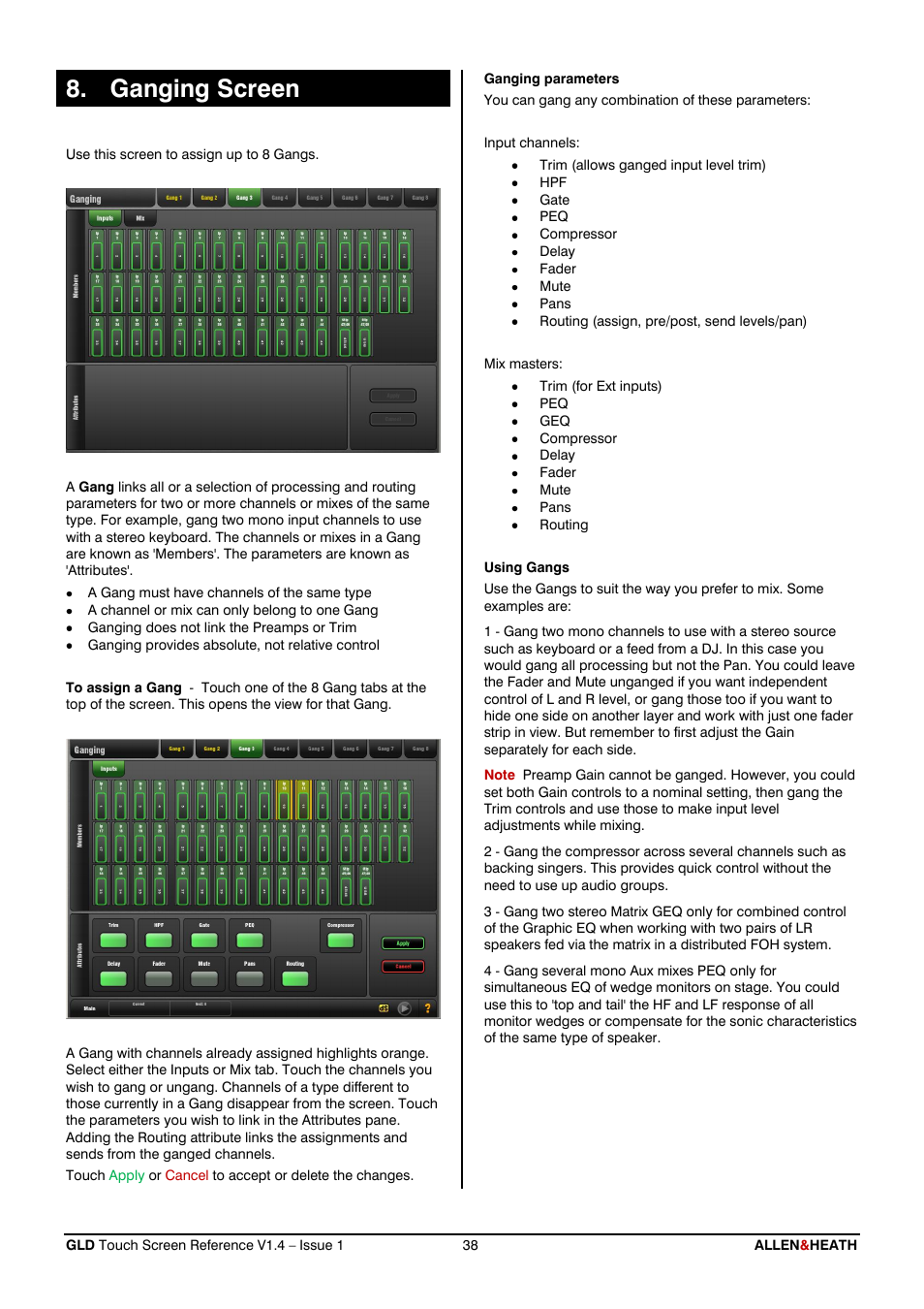 Ganging, Ganging screen | Allen&Heath GLD-112 Reference Guide User Manual | Page 38 / 55