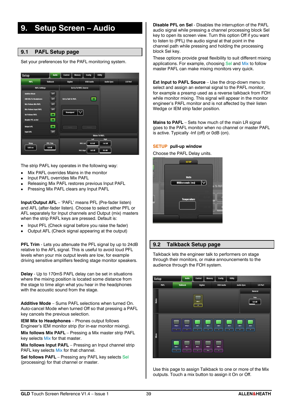 Setup - audio, Pafl, Talkback | Setup screen – audio | Allen&Heath GLD-112 Reference Guide User Manual | Page 39 / 55