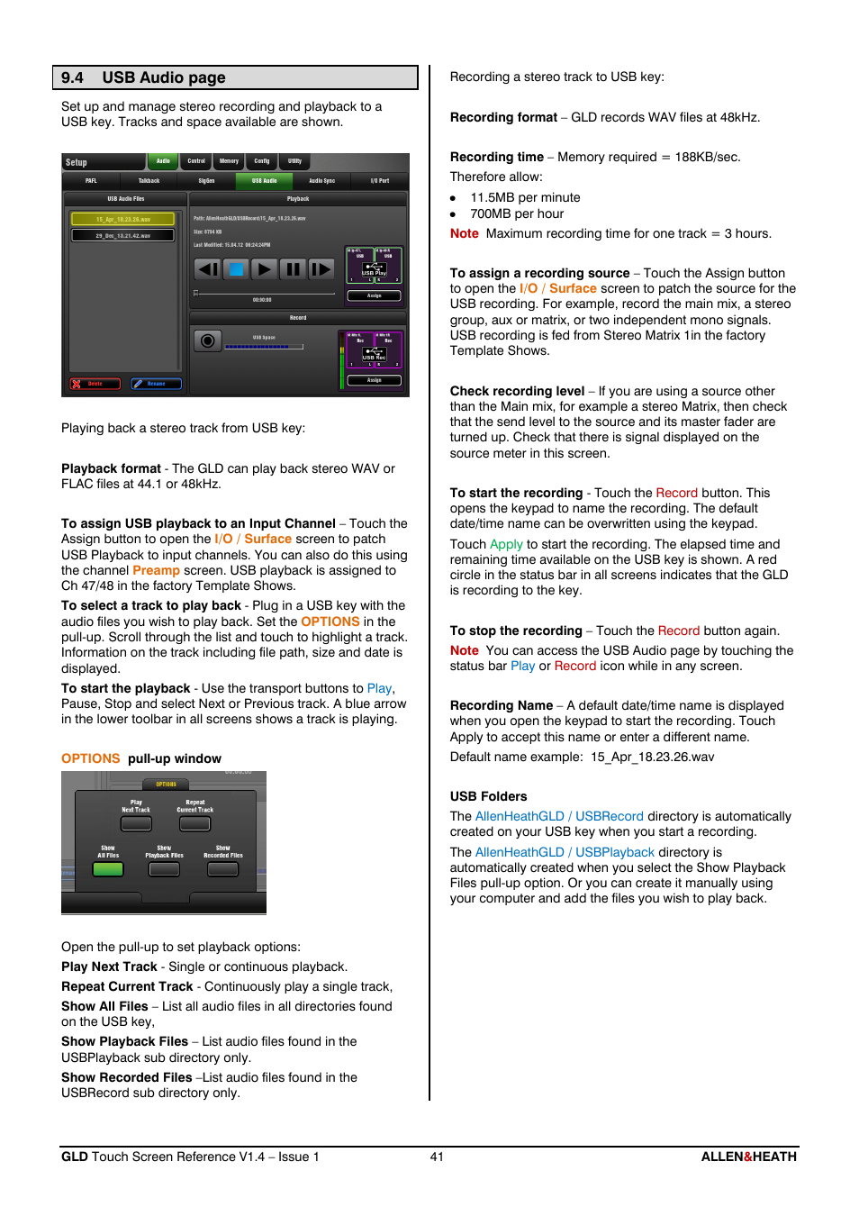 Usb play and record | Allen&Heath GLD-112 Reference Guide User Manual | Page 41 / 55