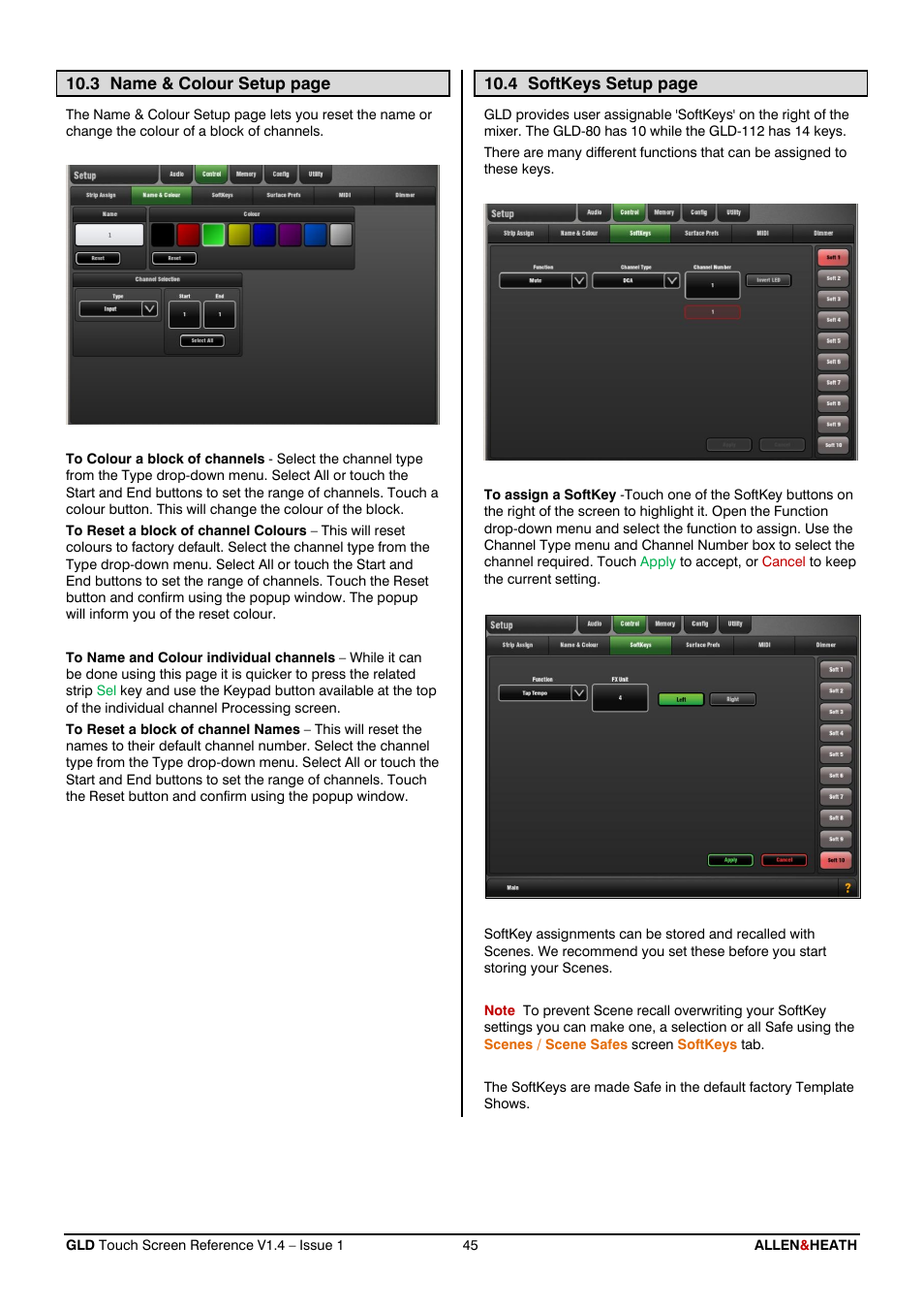 Name and colour, Softkeys | Allen&Heath GLD-112 Reference Guide User Manual | Page 45 / 55