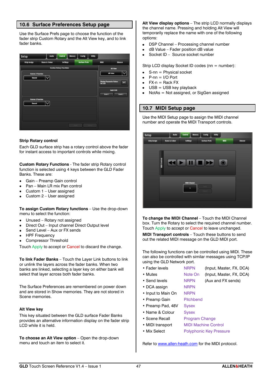 Surface preferences, Midi | Allen&Heath GLD-112 Reference Guide User Manual | Page 47 / 55