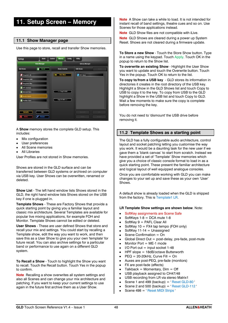 Setup - memory, Show manager, Factory default show | Setup screen – memory, Template shows as a starting point | Allen&Heath GLD-112 Reference Guide User Manual | Page 48 / 55