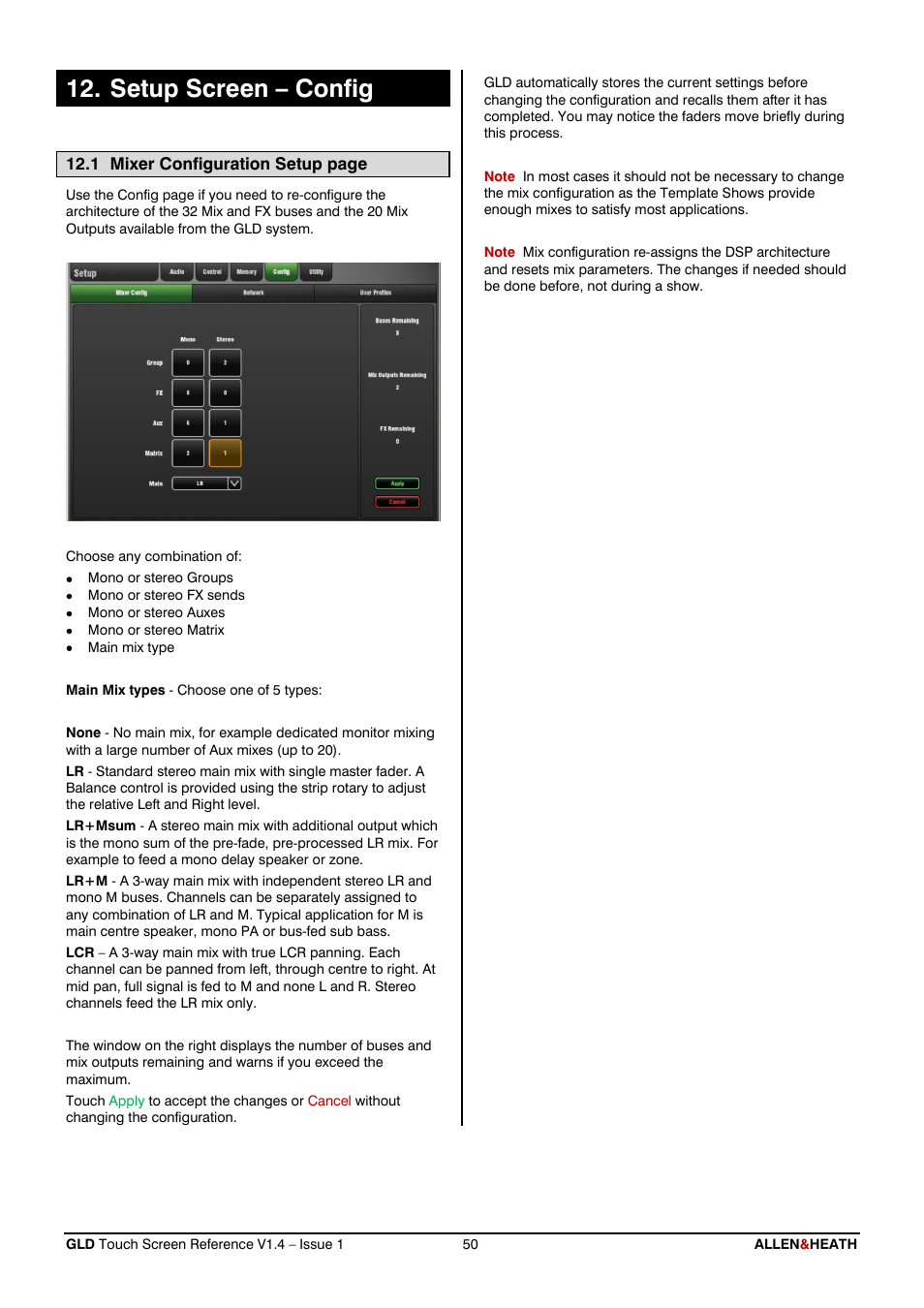 Setup - config, Mix configuration, Setup screen – config | Allen&Heath GLD-112 Reference Guide User Manual | Page 50 / 55