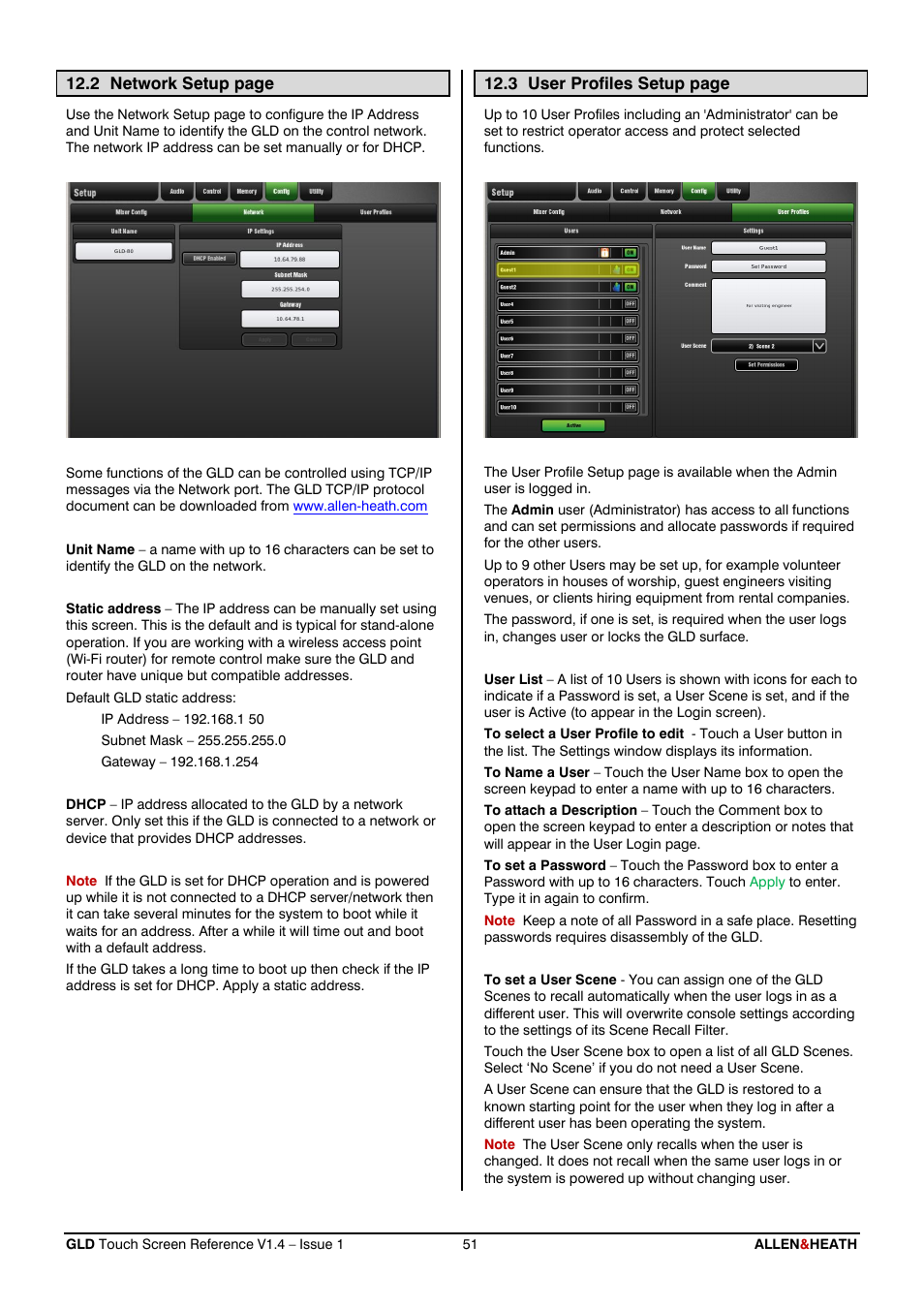 Network setup, User profiles | Allen&Heath GLD-112 Reference Guide User Manual | Page 51 / 55