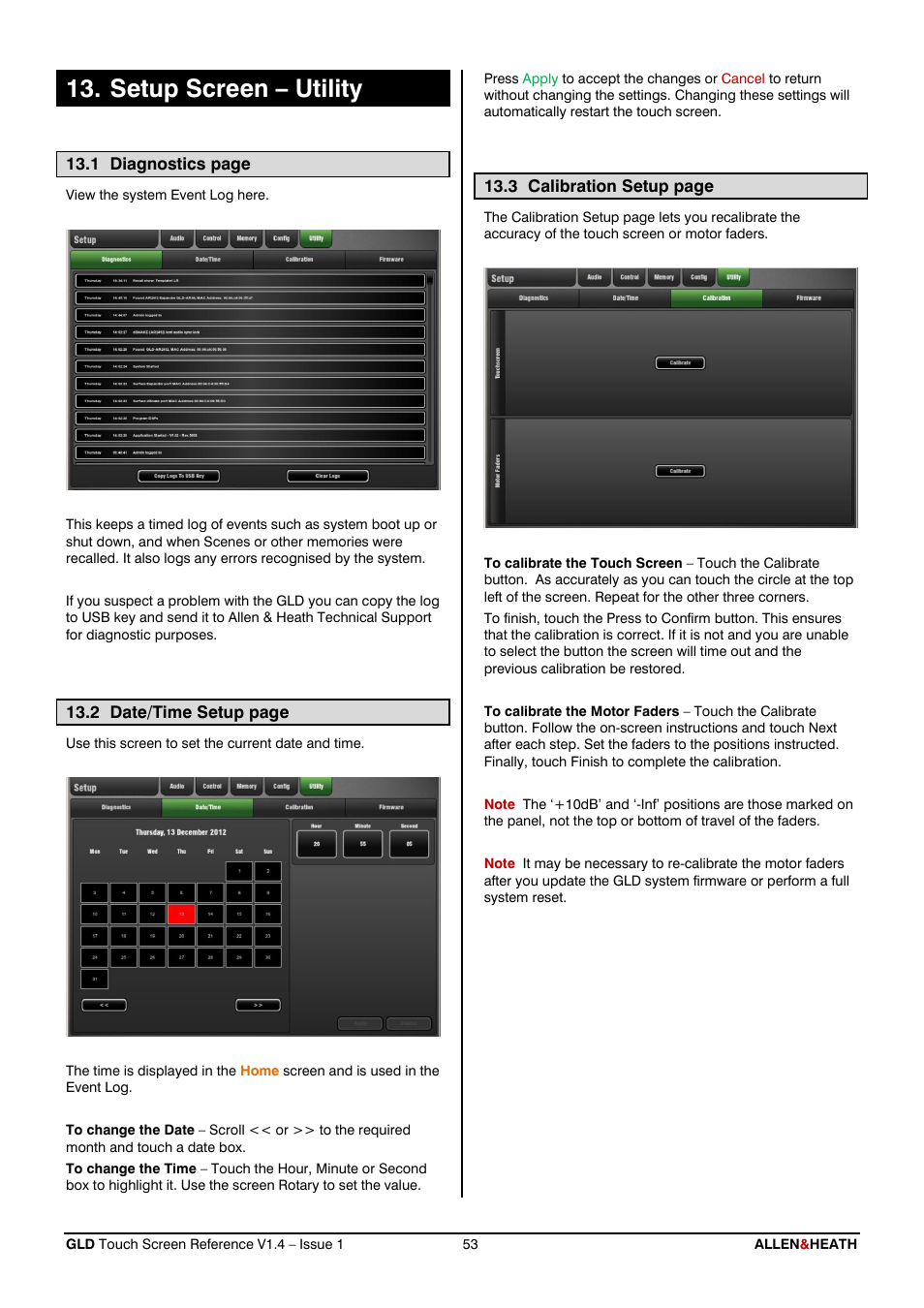 Setup - utility, Diagnostics, Calibration | Setup screen – utility | Allen&Heath GLD-112 Reference Guide User Manual | Page 53 / 55