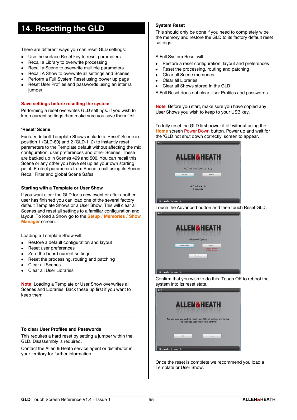 Resetting the gld | Allen&Heath GLD-112 Reference Guide User Manual | Page 55 / 55