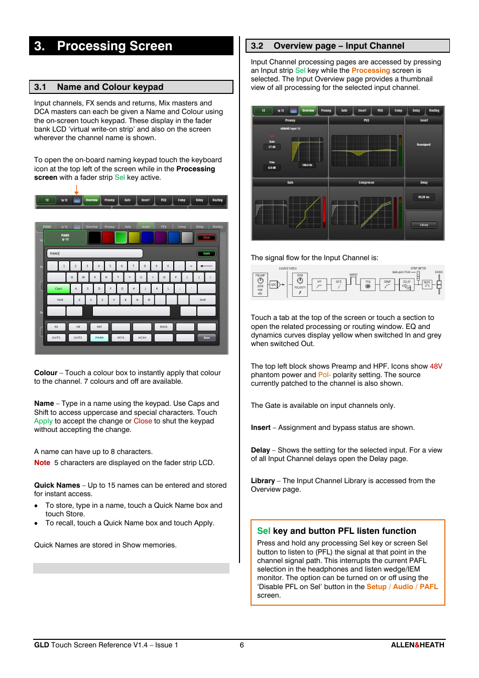 Processing, Name and colour, Processing screen | Name and colour keypad | Allen&Heath GLD-112 Reference Guide User Manual | Page 6 / 55