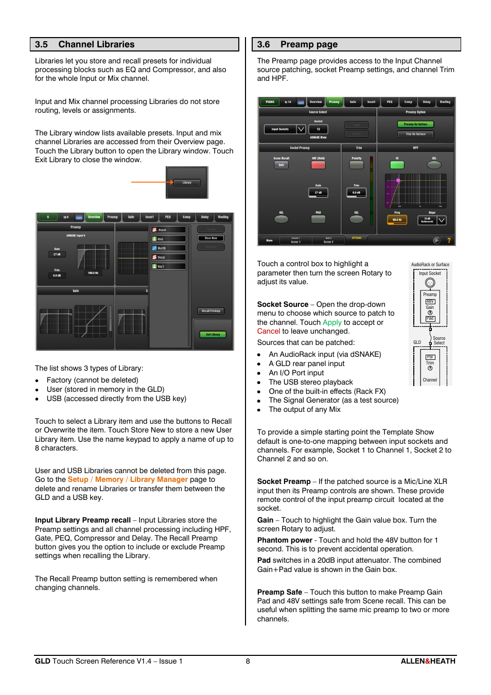 Channel libraries, Preamp, 5 channel libraries | 6 preamp page | Allen&Heath GLD-112 Reference Guide User Manual | Page 8 / 55