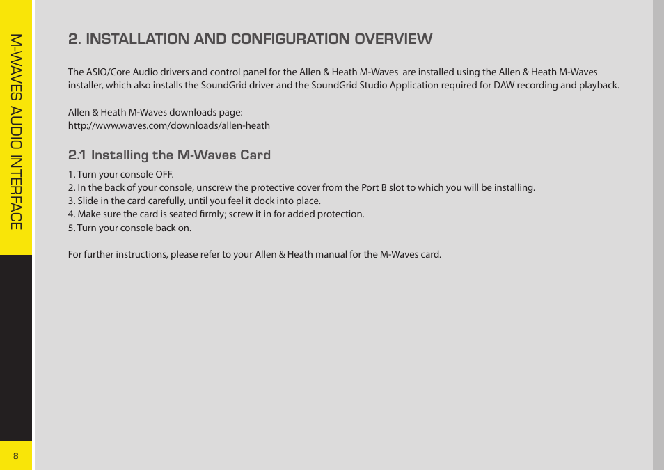 Installation and configuration overview, 1 installing the m-waves card | Allen&Heath WAVES User Guide User Manual | Page 8 / 19