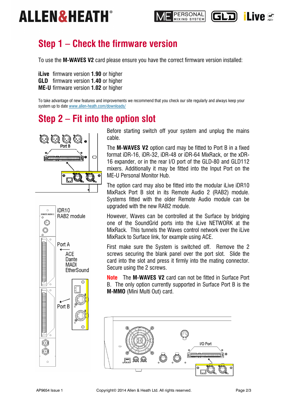 Step 1 – check the firmware version, Step 2 – fit into the option slot | Allen&Heath WAVES Fitting Instructions User Manual | Page 2 / 3