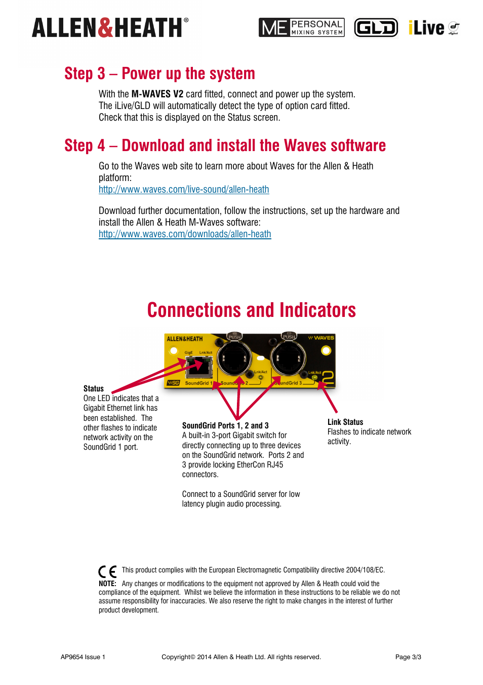 Connections and indicators, Step 3 – power up the system, Step 4 – download and install the waves software | Allen&Heath WAVES Fitting Instructions User Manual | Page 3 / 3