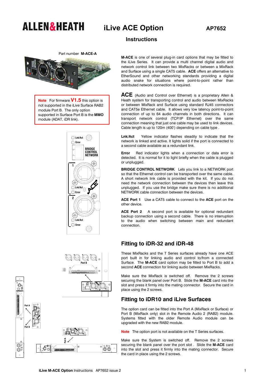 Allen&Heath M-ACE User Manual | 3 pages