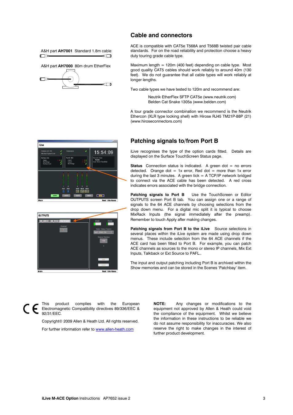 Cable and connectors, Patching signals to/from port b | Allen&Heath M-ACE User Manual | Page 3 / 3