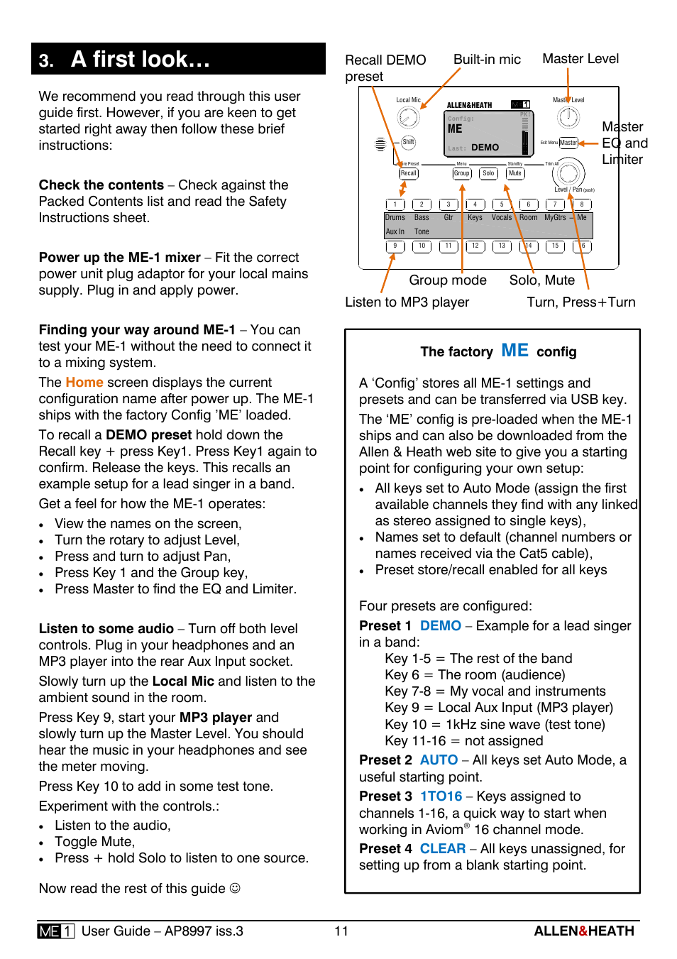 A first look, View the names on the screen, Turn the rotary to adjust level | Press and turn to adjust pan, Press key 1 and the group key, Listen to the audio, Toggle mute | Allen&Heath ME-1 User Manual | Page 11 / 32