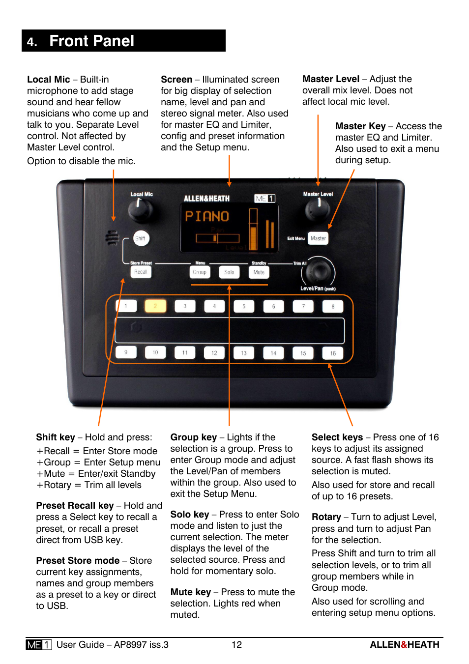 Front panel | Allen&Heath ME-1 User Manual | Page 12 / 32