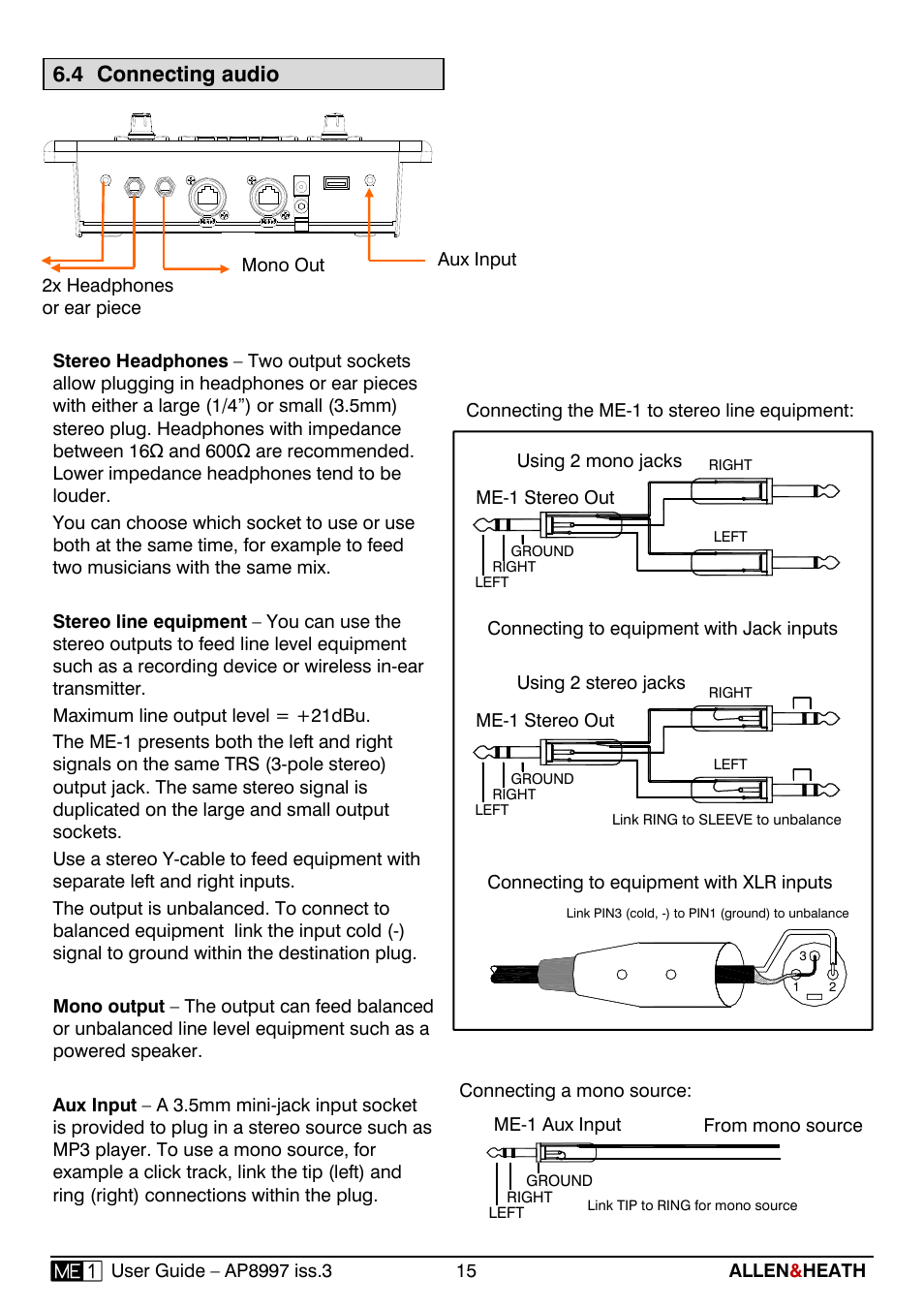 4 connecting audio | Allen&Heath ME-1 User Manual | Page 15 / 32