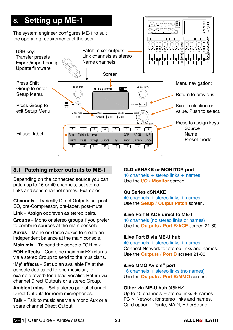 Setting up me-1, 1 patching mixer outputs to me-1 | Allen&Heath ME-1 User Manual | Page 23 / 32