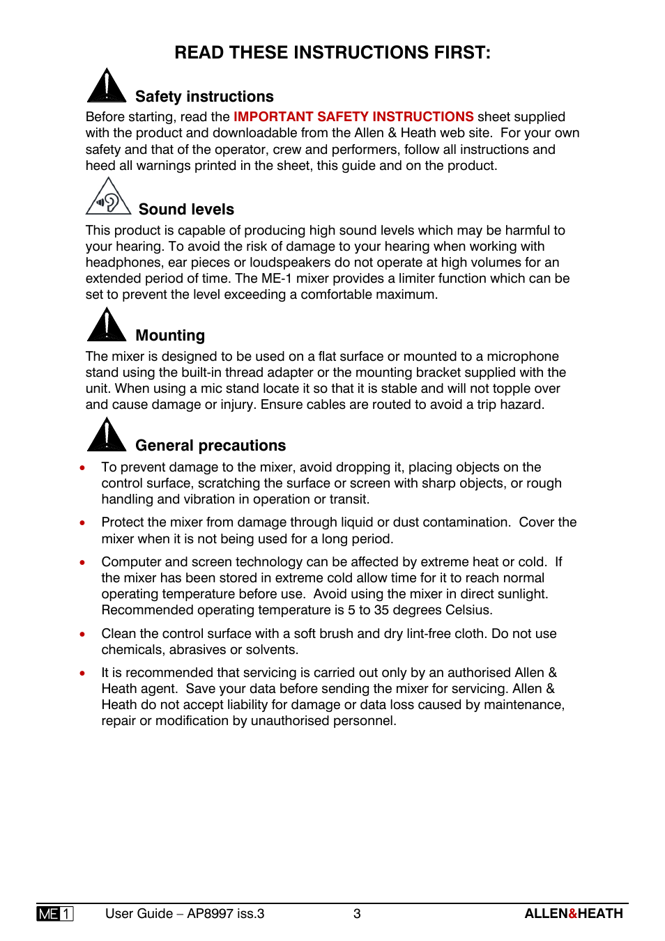 Read these instructions first | Allen&Heath ME-1 User Manual | Page 3 / 32