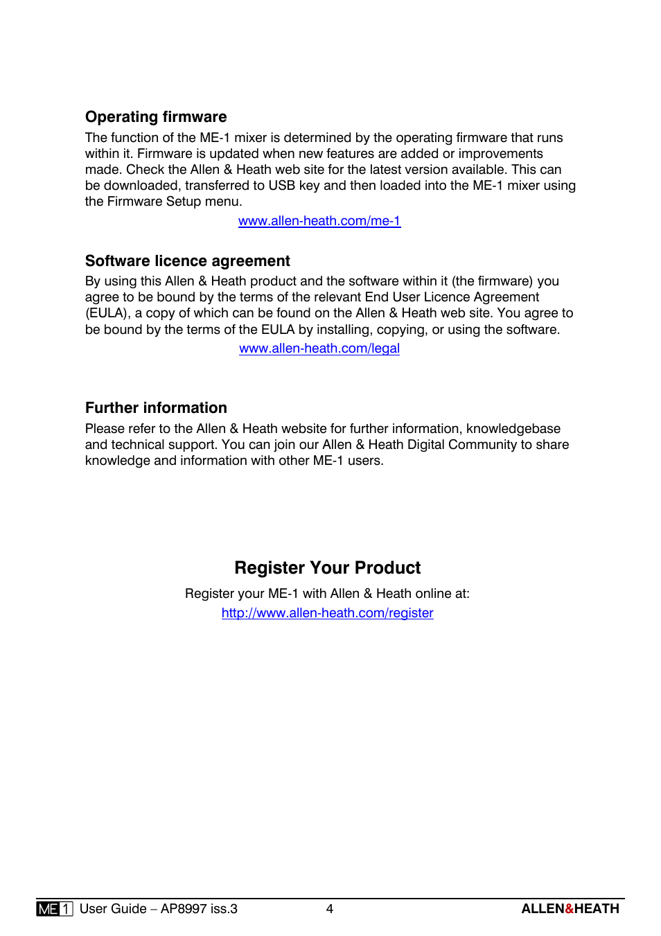 Register your product | Allen&Heath ME-1 User Manual | Page 4 / 32