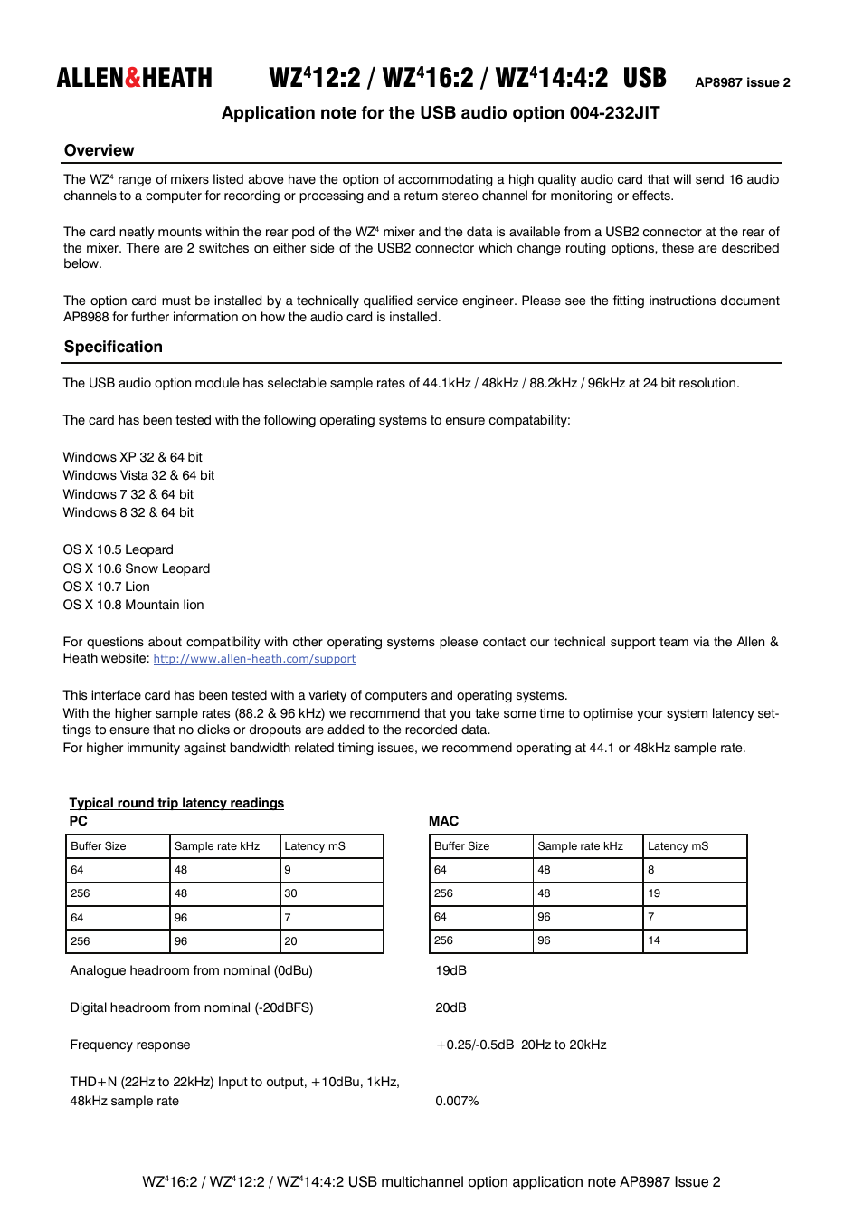 Allen&Heath MIXWIZARD WZ4 USB AUDIO User Manual | 8 pages