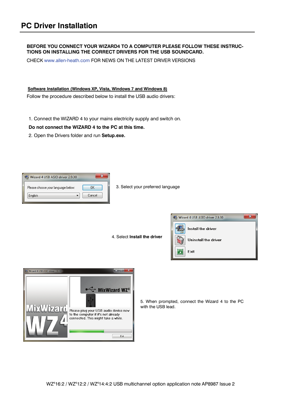 Pc driver installation | Allen&Heath MIXWIZARD WZ4 USB AUDIO User Manual | Page 3 / 8