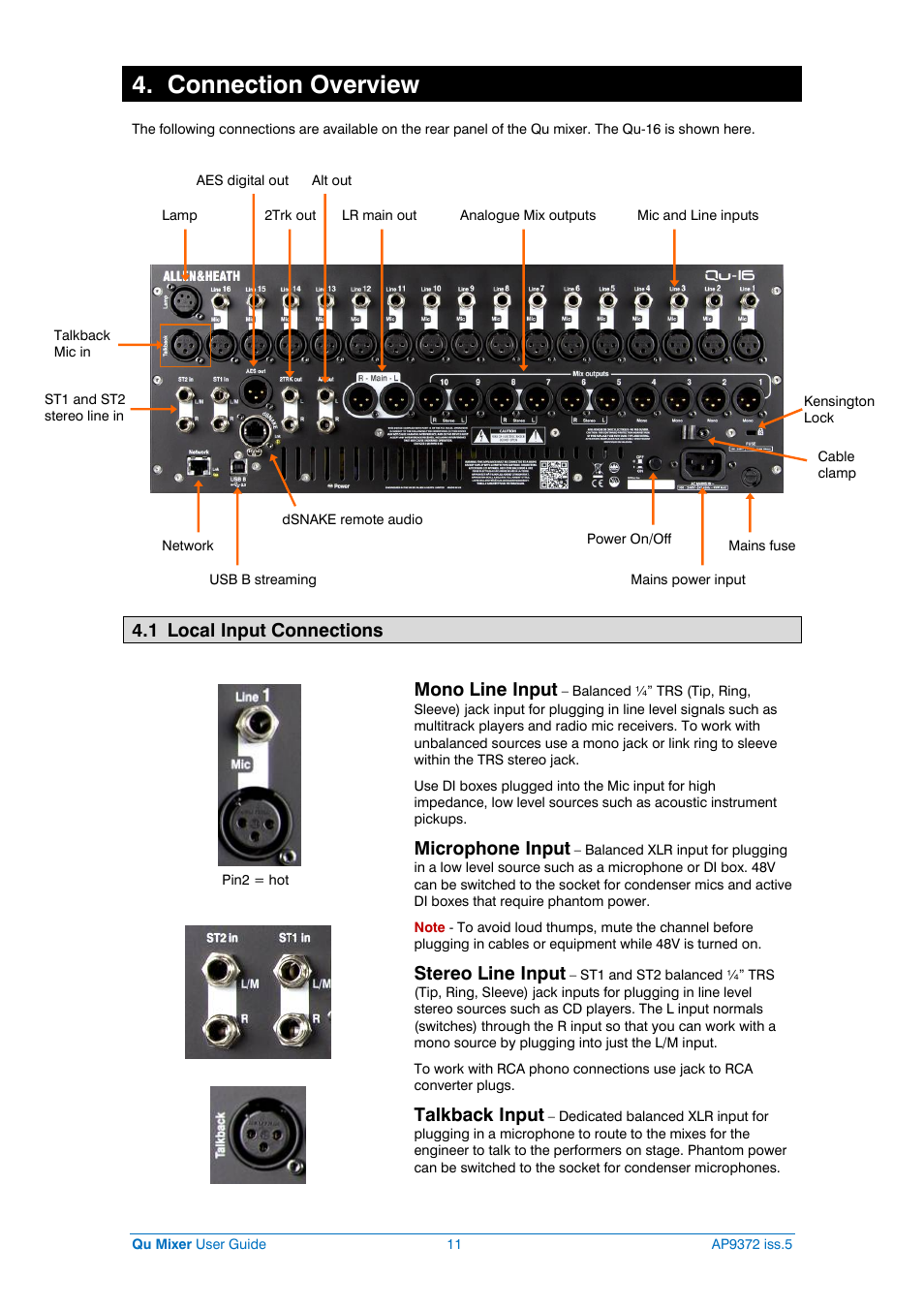 Connections, Connection overview, 1 local input connections | Mono line input, Microphone input, Stereo line input, Talkback input | Allen&Heath Qu-32 User Manual | Page 11 / 72