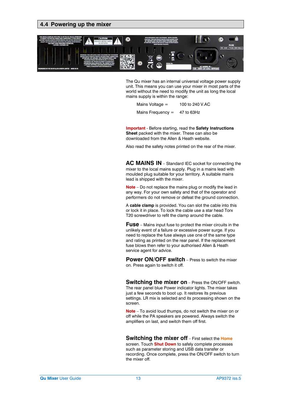 Power up the mixer, 4 powering up the mixer, Ac mains in | Fuse, Power on/off switch, Switching the mixer on, Switching the mixer off | Allen&Heath Qu-32 User Manual | Page 13 / 72