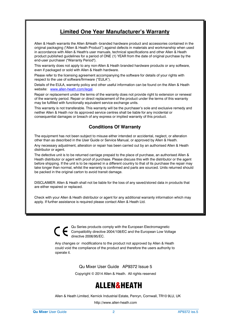 Allen & heath, Limited one year manufacturer’s warranty | Allen&Heath Qu-32 User Manual | Page 2 / 72