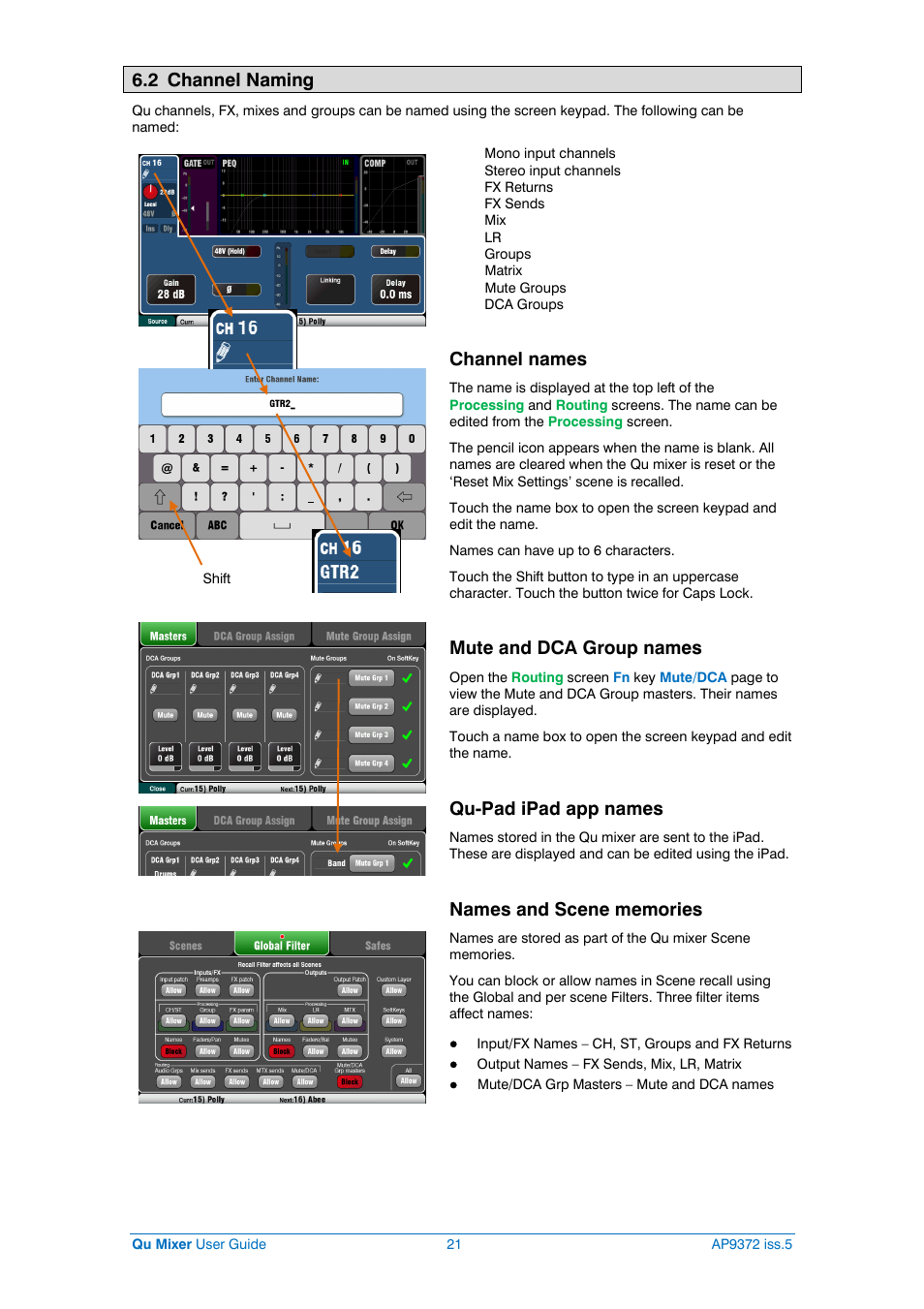 Channel naming, 2 channel naming, Channel names | Mute and dca group names, Qu-pad ipad app names | Allen&Heath Qu-32 User Manual | Page 21 / 72
