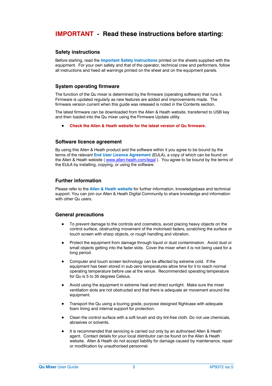 Safety instructions | Allen&Heath Qu-32 User Manual | Page 3 / 72